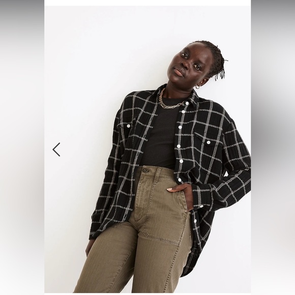 Madewell 🔥 Lightspun Flap-Pocket Oversized Button Down Shirt Windowpane Sz XS - Picture 2 of 11